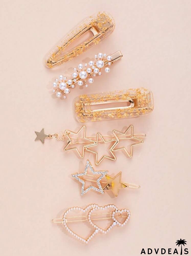 6pcs Faux Pearl Heart Decor Hair Clip