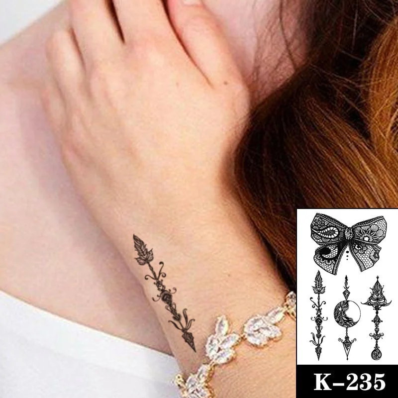 Waterproof Temporary Tattoo Sticker Black Wolf Arrow Rose Butterfly Flash Tattoos Totem Line Body Art Hand Fake Tatoos Women Men