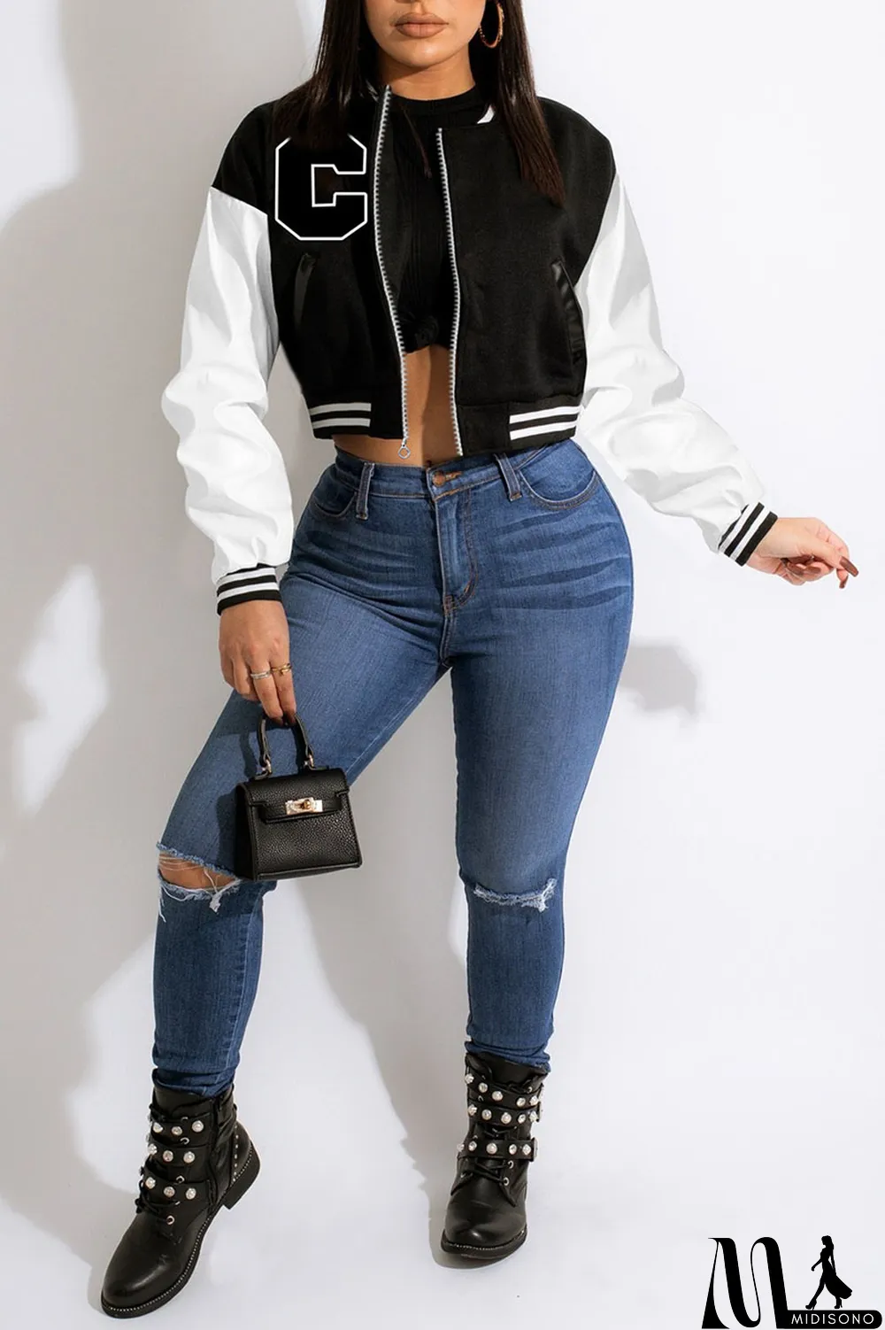 MidiSono - Blue Casual Print Patchwork Zipper Outerwear