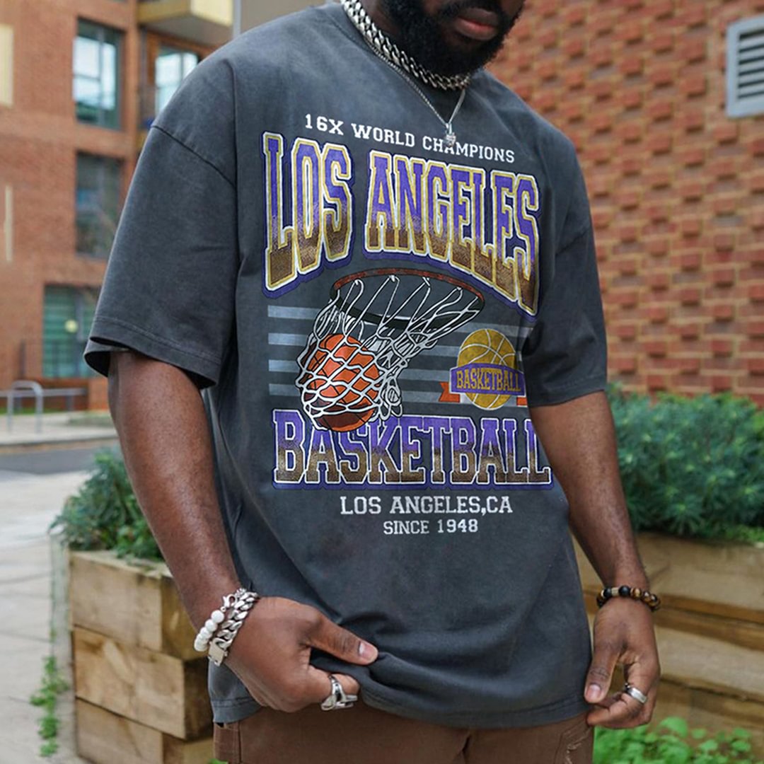 Retro Oversized Men's Los Angeles Basktball Print T-shirt、、URBENIE