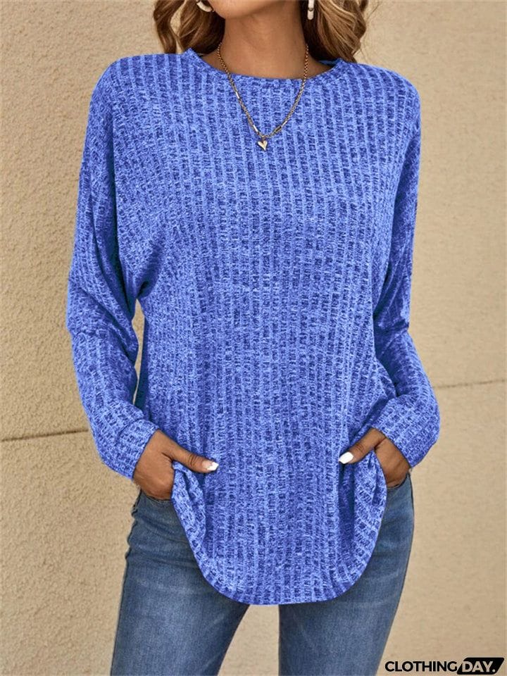 Autumn Knitted Round Neck Ribbed Long Sleeve Loose Tops
