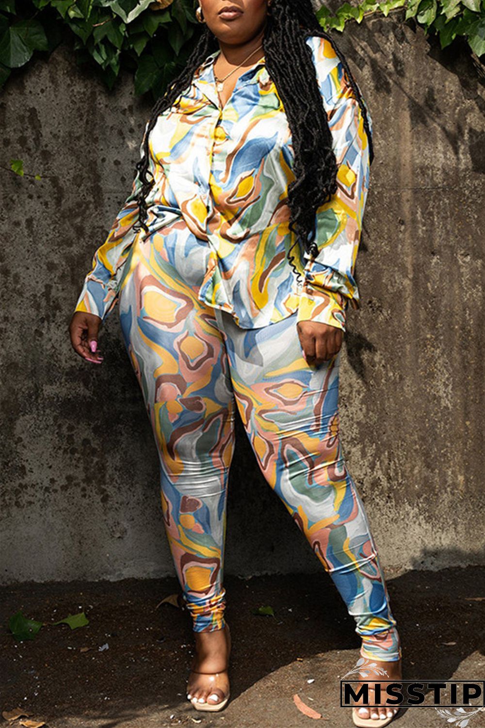 Orange Yellow Casual Print Patchwork Turndown Collar Plus Size Two Pieces