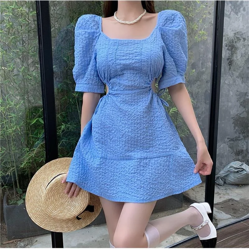 Woherb Square Collar Chic Dress Women Puff Sleeve French Style Hollow Out High Waist Elegant One Piece Dresses Casual Vestido