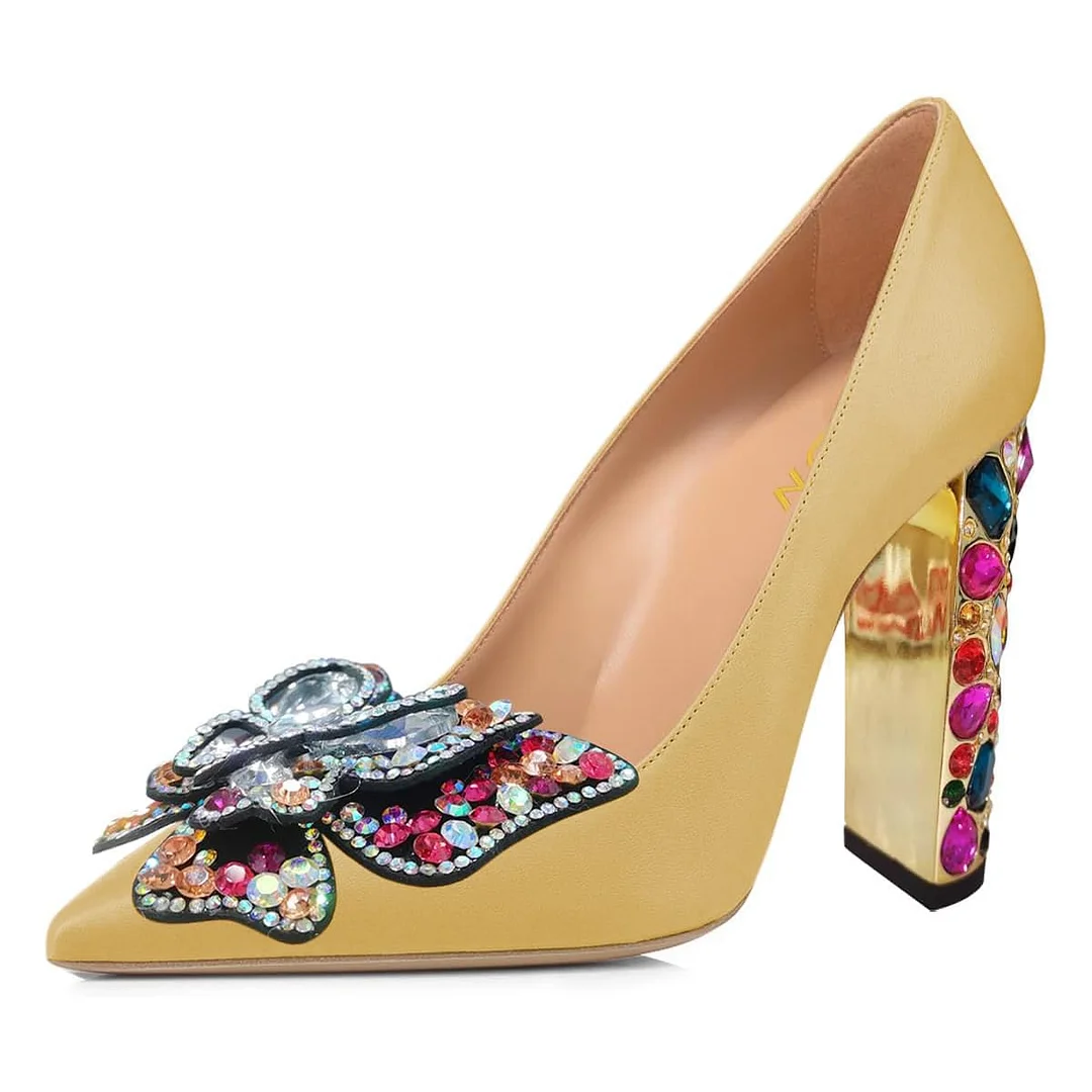Pointed Toe Rhinestone Butterfly Slip-On Pumps Heels in Yellow