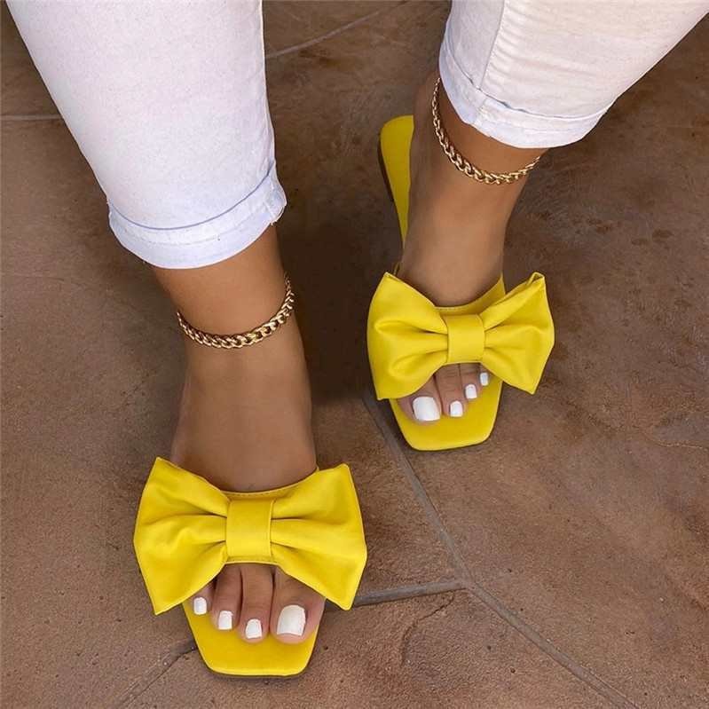 Women's Summer Square Head Flat One-line Solid Color Bow Ladies Sandals And Slippers-1 - vzzhome