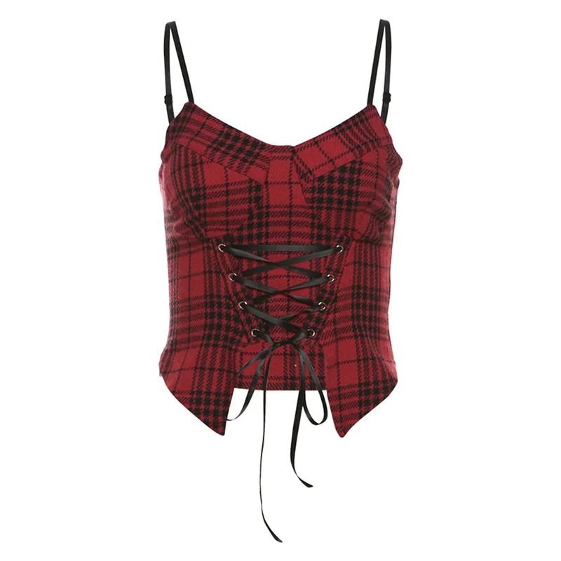 Toloer Toloer 2024 New Women's Sexy Hot Girl Tie Belt Chest Slim Plaid Crop Small Vest-Outfit Ideas