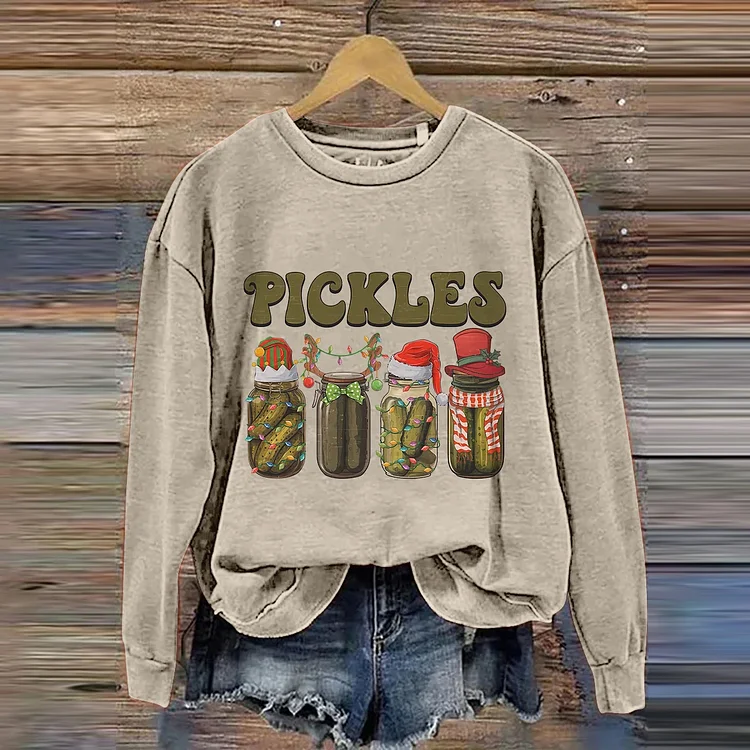 Comstylish Canned Pickles Christmas Vintage Pickles Jar Xmas Light Print Sweatshirt