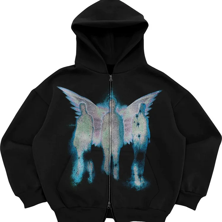 Abstract Figures Printed Zipper Sweatshirt Y2K Streetwear Loose Gothic hoodie at Hiphopee