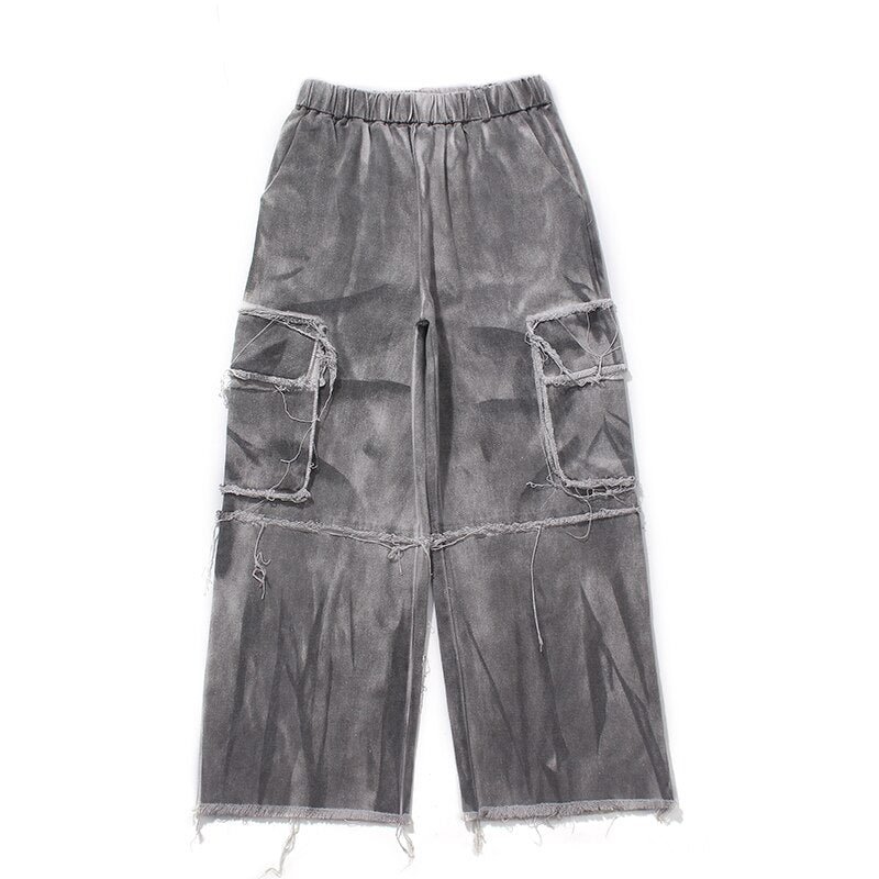 Harajuku High Street Washed Pockets Frayed Jean Pants Men and Women Straight Loose Casual Denim Trousers Plus Size Hip Hop Pants