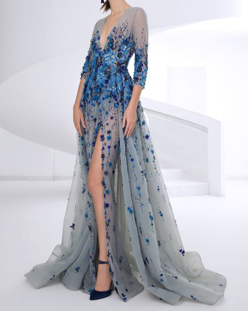 Gown Split V-neck mesh lace maxi dress