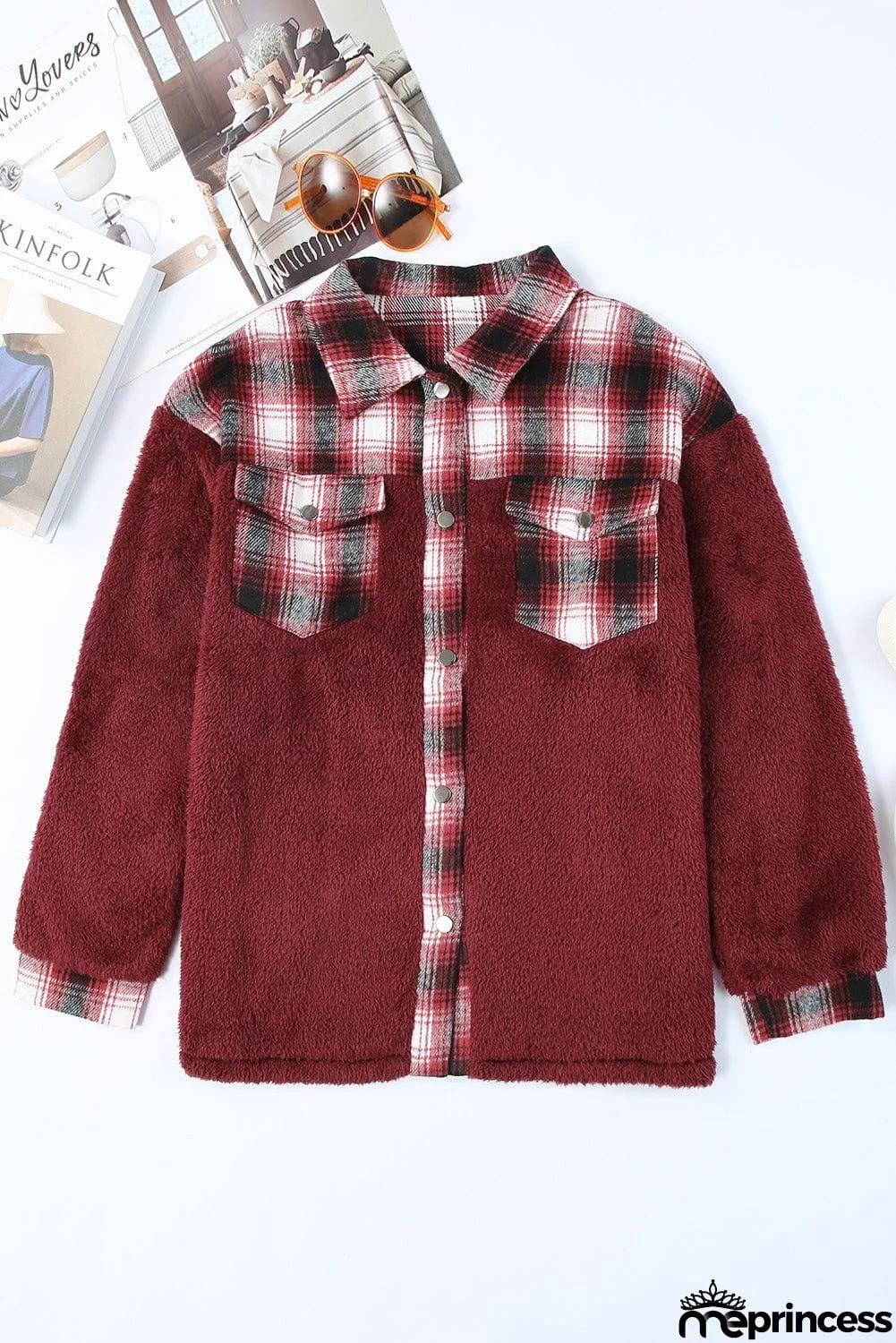 Plaid Patchwork Buttoned Pocket Sherpa Jacket