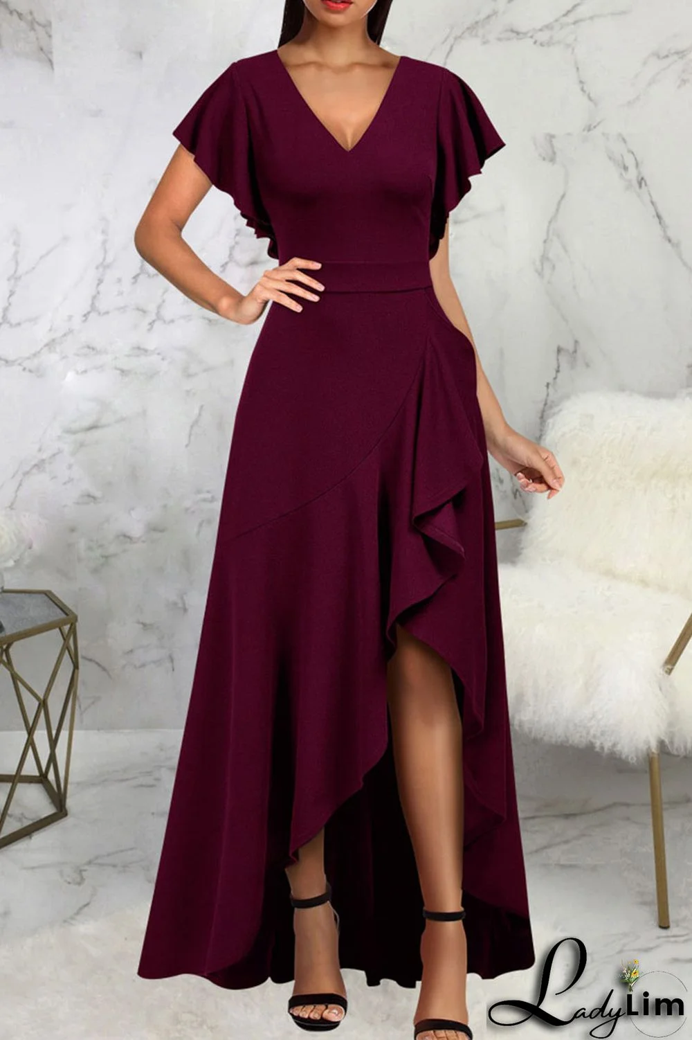 Burgundy Elegant Solid Patchwork Flounce Asymmetrical V Neck Straight Dresses