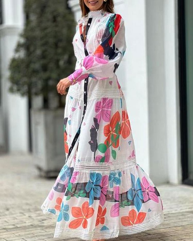 cotton poplin puff sleeve lace floral maxi dress