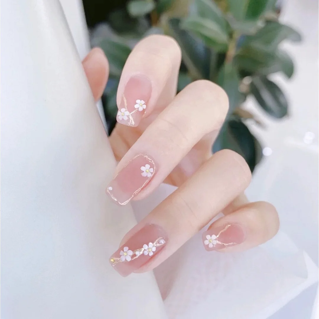 24pcs Floral Printing False Nail Tips Ins French Style Women Nail DIY Salon Decorations Detachable False Nail Patch with Glue-Nail Inspo