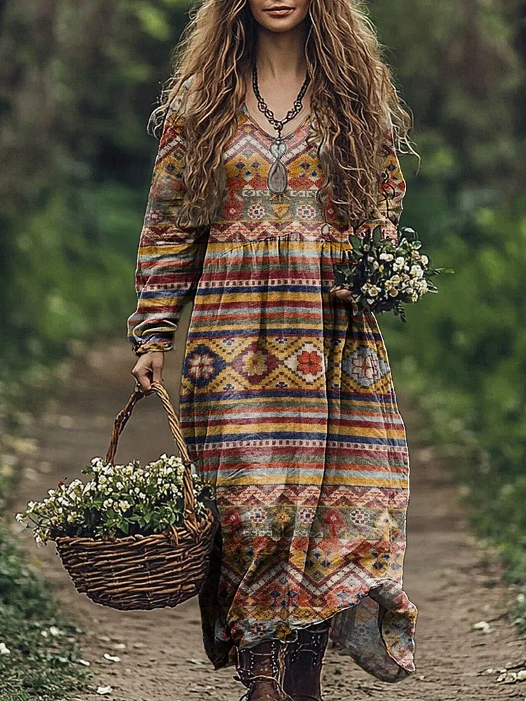 Women's Retro Flowers Print Pocket Cotton Dress