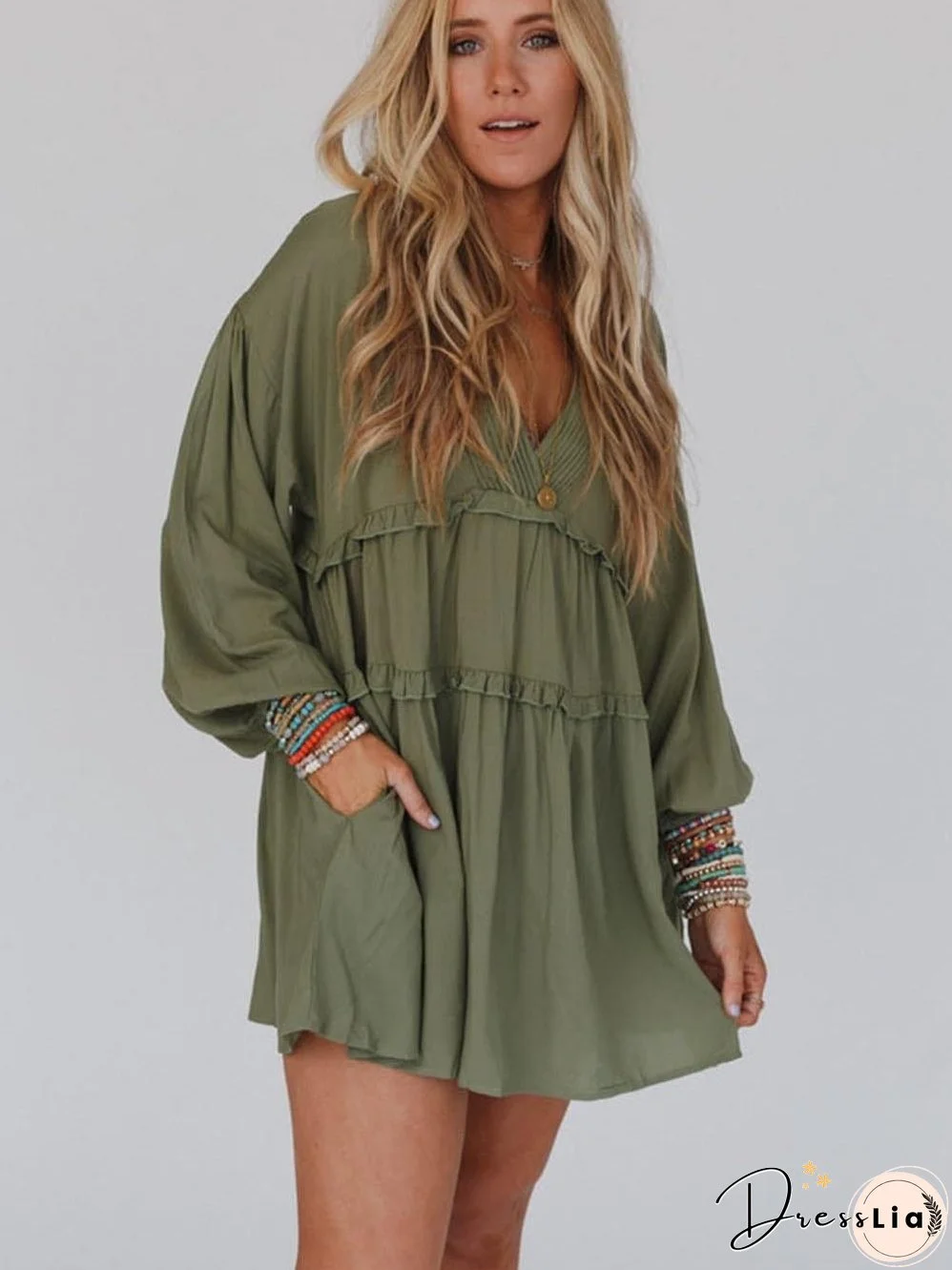 Enchanting Green Puff Sleeve Tiered Frill Mini Dress