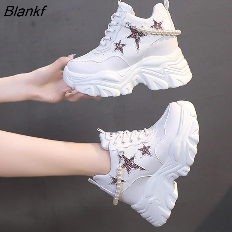 Blankf String Bead Hidden Heels Sneakers Women Shiny Sequins Chunky Platform Vulcanize Shoes Woman Lace-up Breathable Casual Shoes