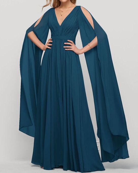 chiffon silk off shoulder flared sleeve maxi dress