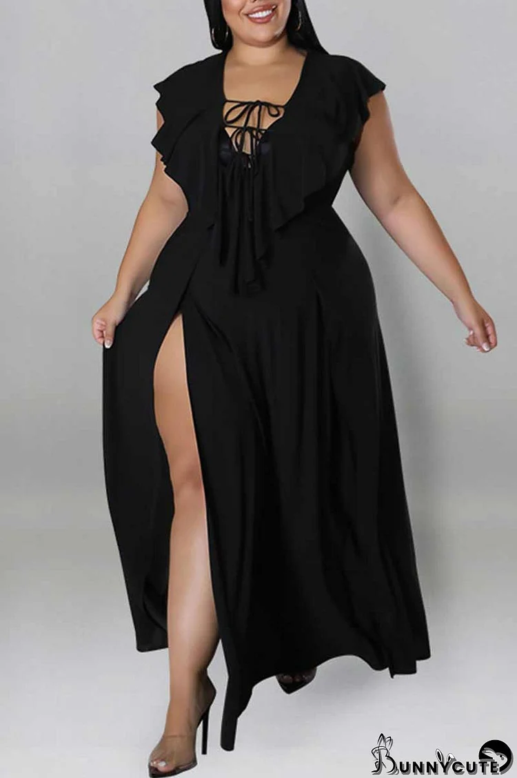 Black Sexy Solid Bandage Hollowed Out Patchwork Flounce Slit Straight Plus Size Dresses