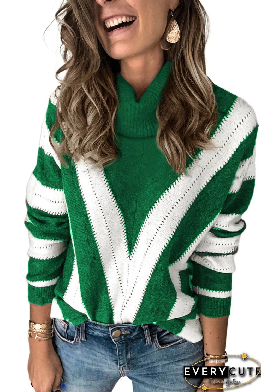 Green Striped Color Block Turtleneck Knitted Sweater