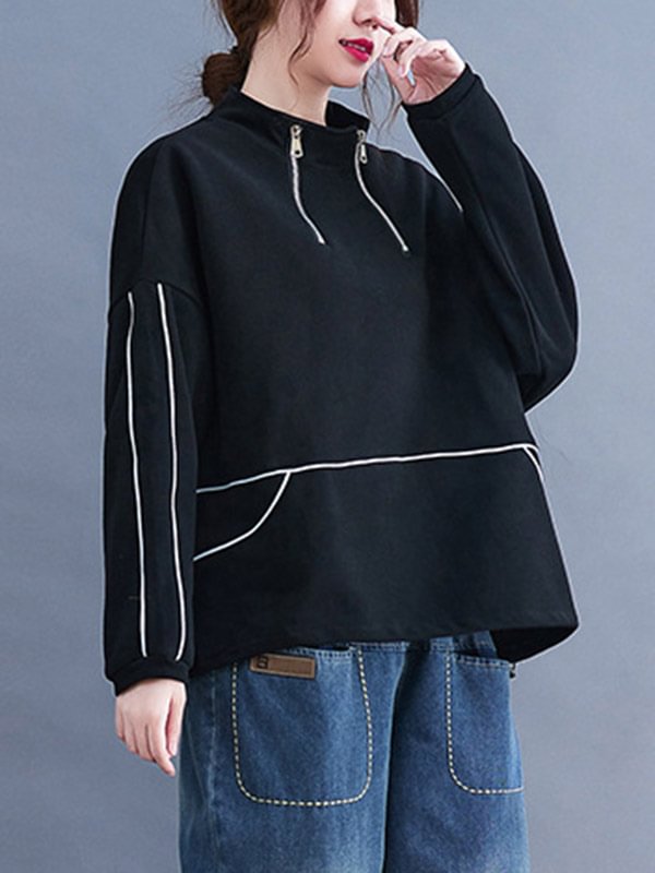 Artistic Retro Loose Split-Joint Zipper Stand Collar Long Sleeves Sweatshirt