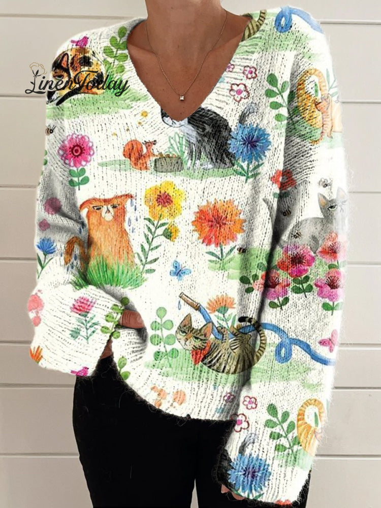 Women&rsquo;s Colorful Creative Funny Cats Print Casual V-Neck Pullover Knit Multicolor / M