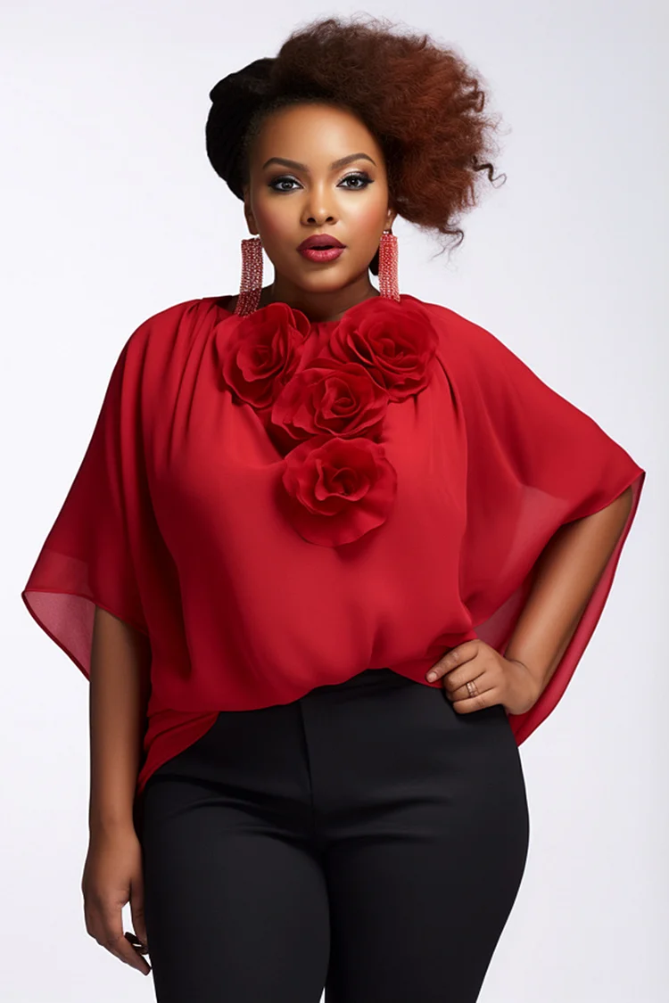 Xpluswear Design Plus Size Business Casual Red Round Neck Half Sleeve 3D Vintage Chiffon Blouses [Pre-Order] 2024 - Xpluswear