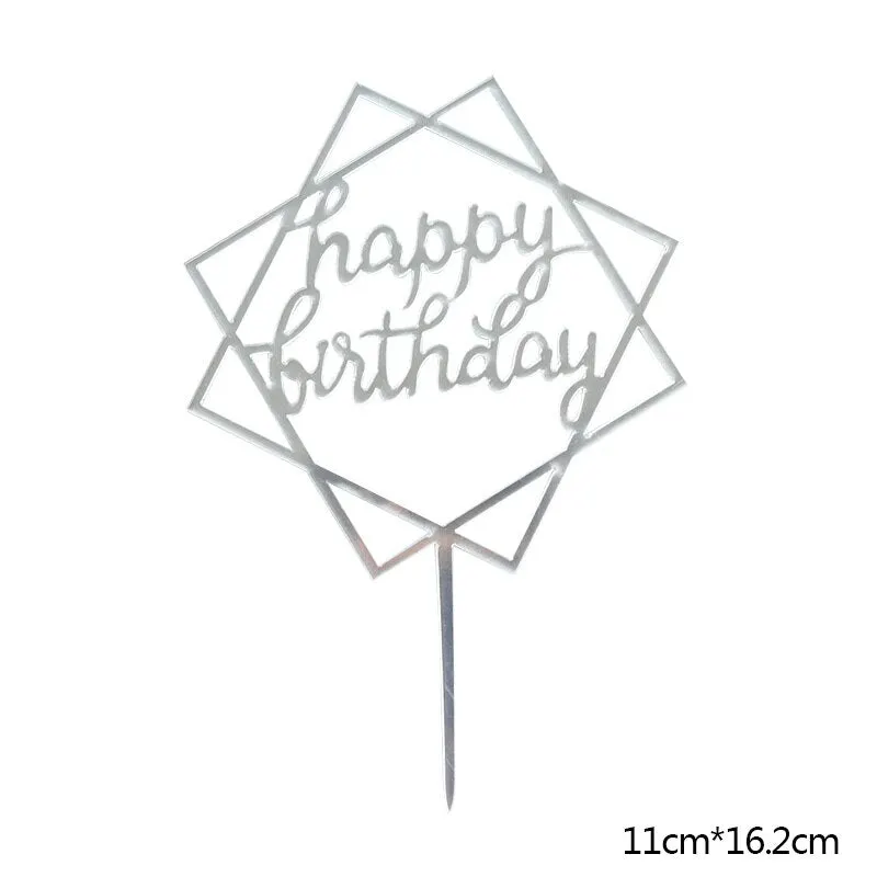 Happy Birthday Cake Topper Acrylic Gold Silver Cake Flag Cupcake Topper For Boy Girl Birthday Party Decorations Wedding Supplies