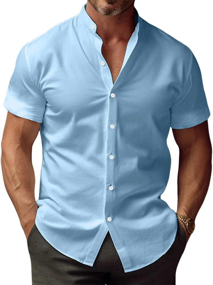 Men's summer imitation linen basic stand collar casual solid color short-sleeved shirt
