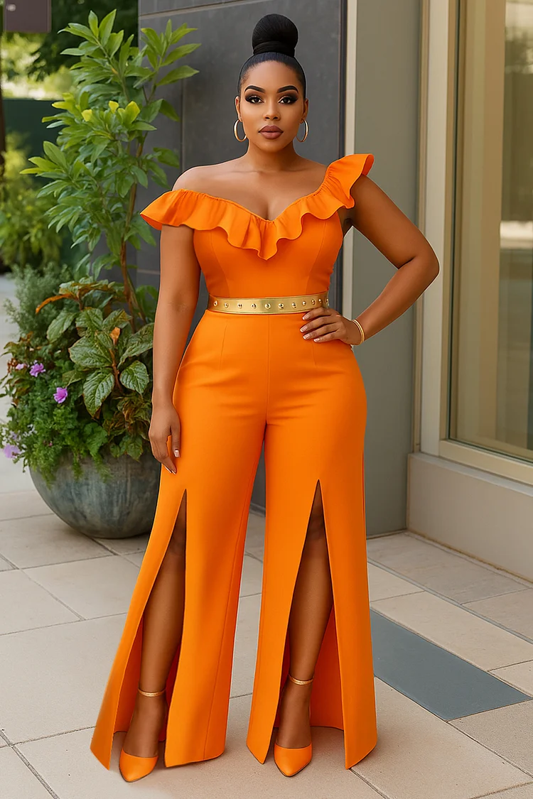 Off Shoulder Ruffle Cinched High Slit Wide Leg Jumpsuit-Orange [Pre Order]