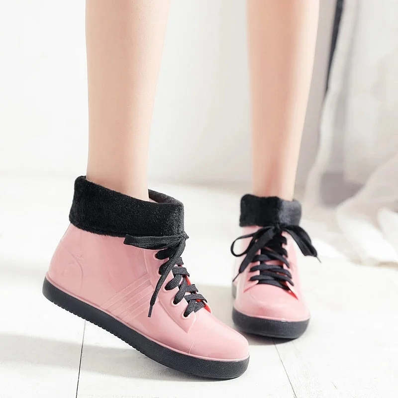 Leopard Women's Rainshoes Waterproof Non-Slip Flat Rubber Shoes Women Rain Boots Short Tube Lace Up Velvet Warmer Winter Boots