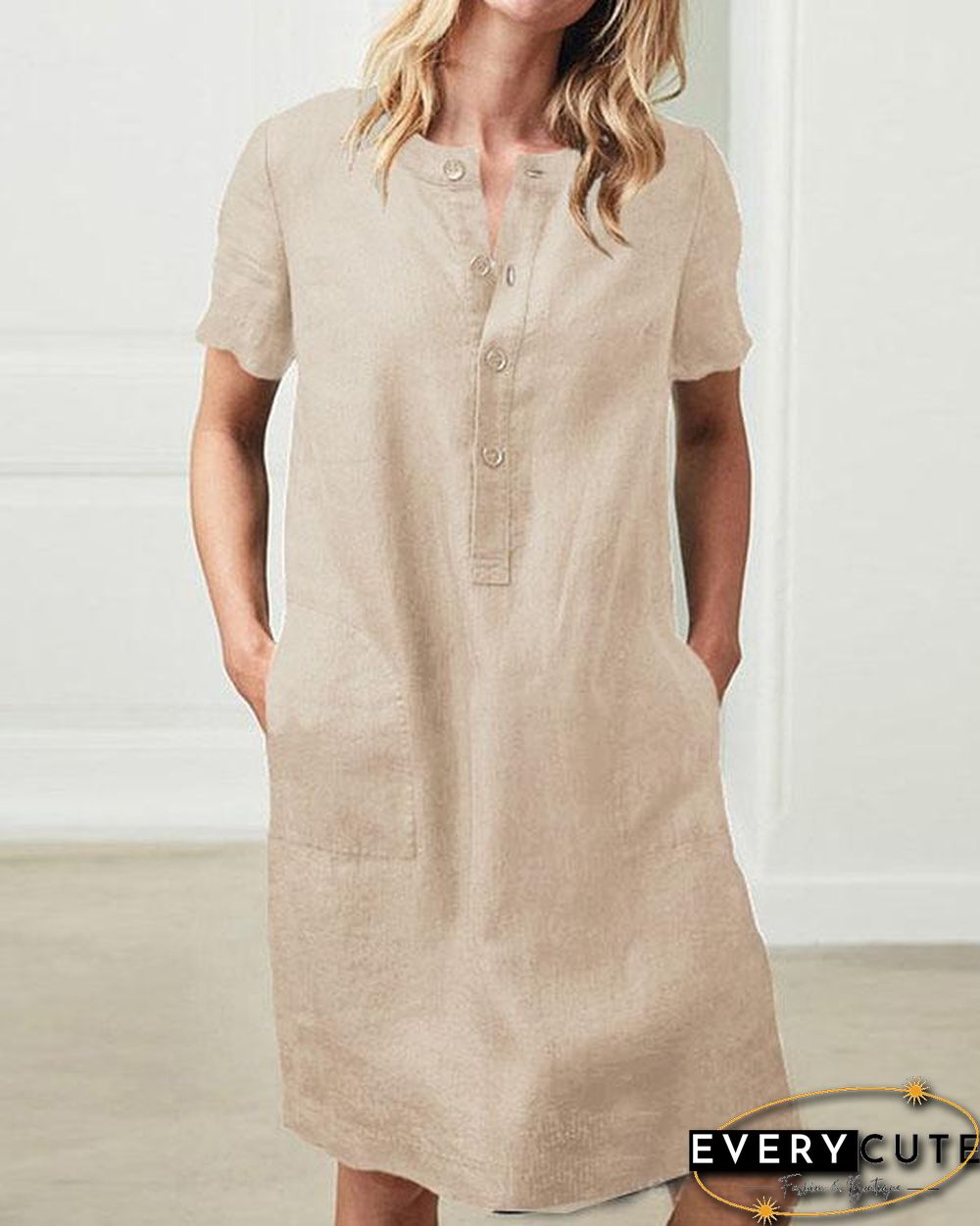 Short Sleeve Button Linen Dresses