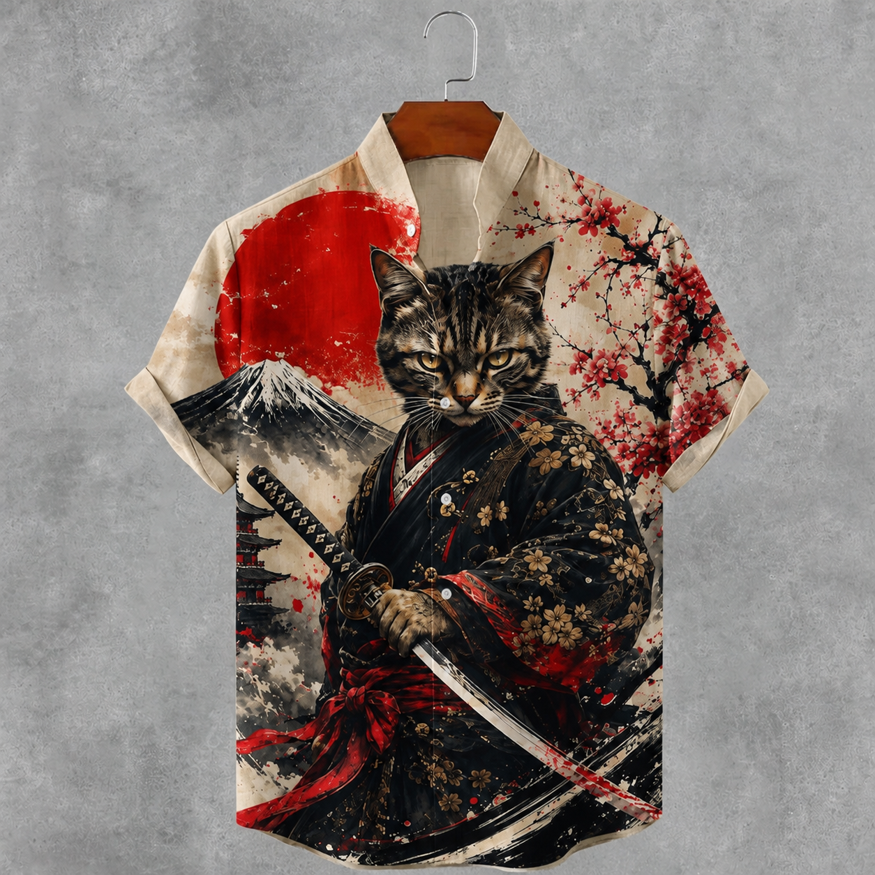 Men's Retro Japanese Style Samurai Cat Cherry Blossoms Print Linen Blend Short-sleeve Shirt  artssus