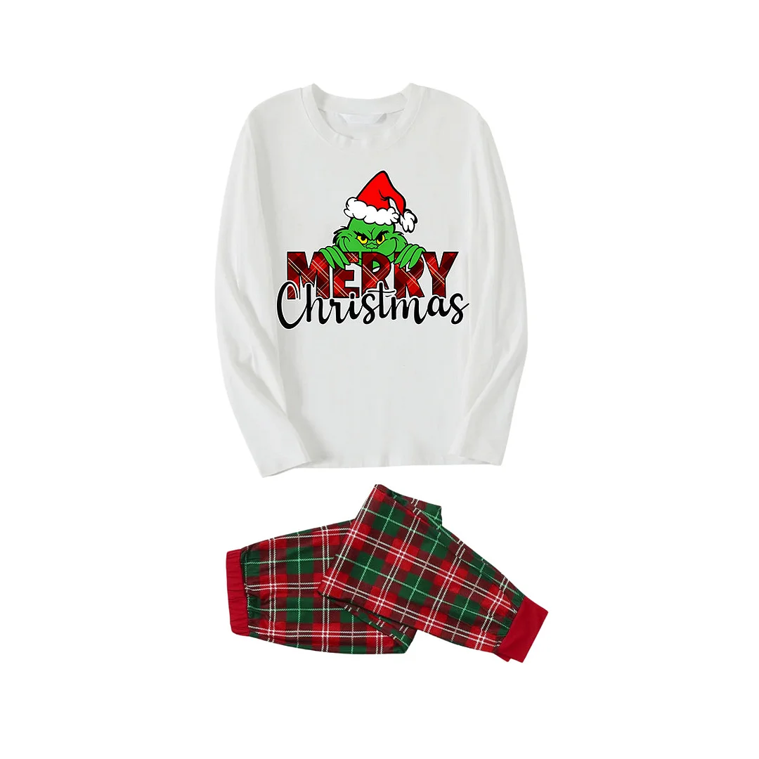 "Merry Christmas" Letter Print 2024 Green Elf Cartoon Pattern Contrast White Long Sleeve with Classic Red and Green Plaid Pants Family Matching Pajamas