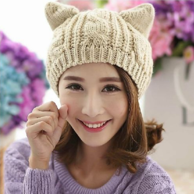 Mature Women Hand Made 3D Cute Knitted Cat Ear Beanie Hat For Winter