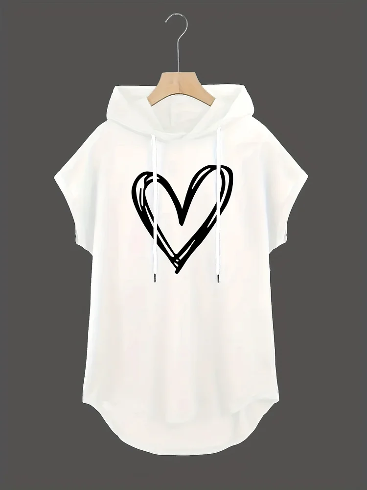 Women's Black Casual Short Sleeve Hooded Sweatshirt With White Heart Print, Batwing Sleeves & Adjustable Drawstring Hood - Lightweight Stretchy Summer Top, Machine Washable, Ladies Sweatshirt