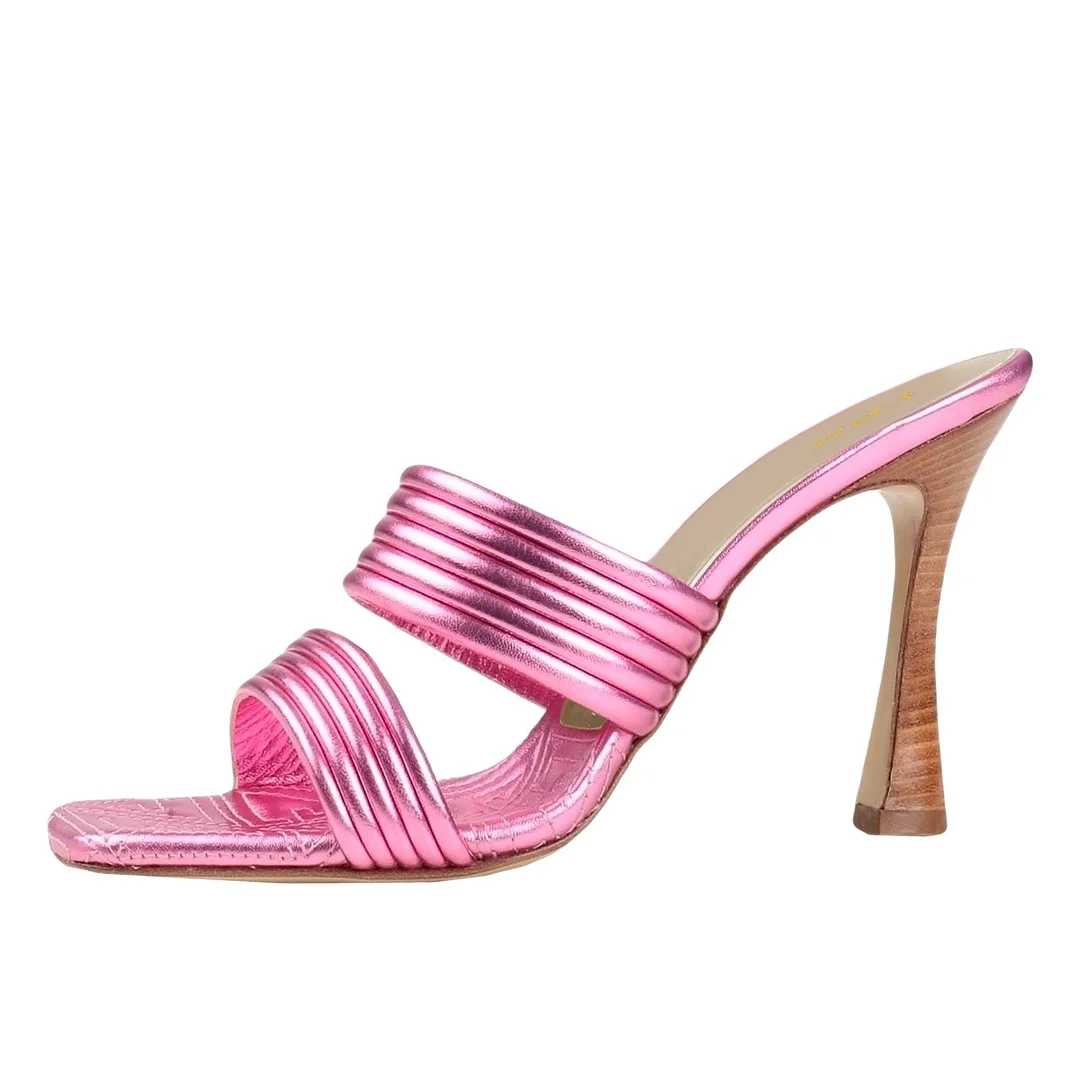 Ladies' Slip On Square Toe Double Strap Spool Heel Cute Pink Sandals