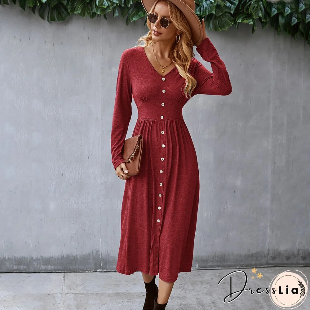Fashion Women Knitted Dress Elegant Autumn Winter Casual Waist Elastic Dresses Female Black Button Retro Dress Vestidos