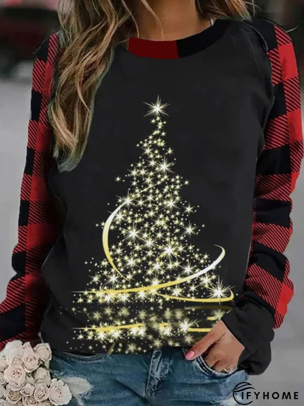 Christmas Xmas Long Sleeve Round Neck Plus Size Printed Top Tunic Sweatshirt | IFYHOME