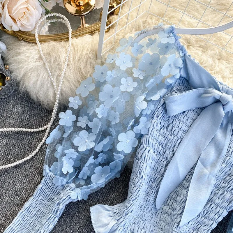 Elegant Spring Summer Women Short Shirt Sweet 3D Flower Appliques Mesh Crop Tops Slash Neck Puff Long Sleeve Ladies Blouse