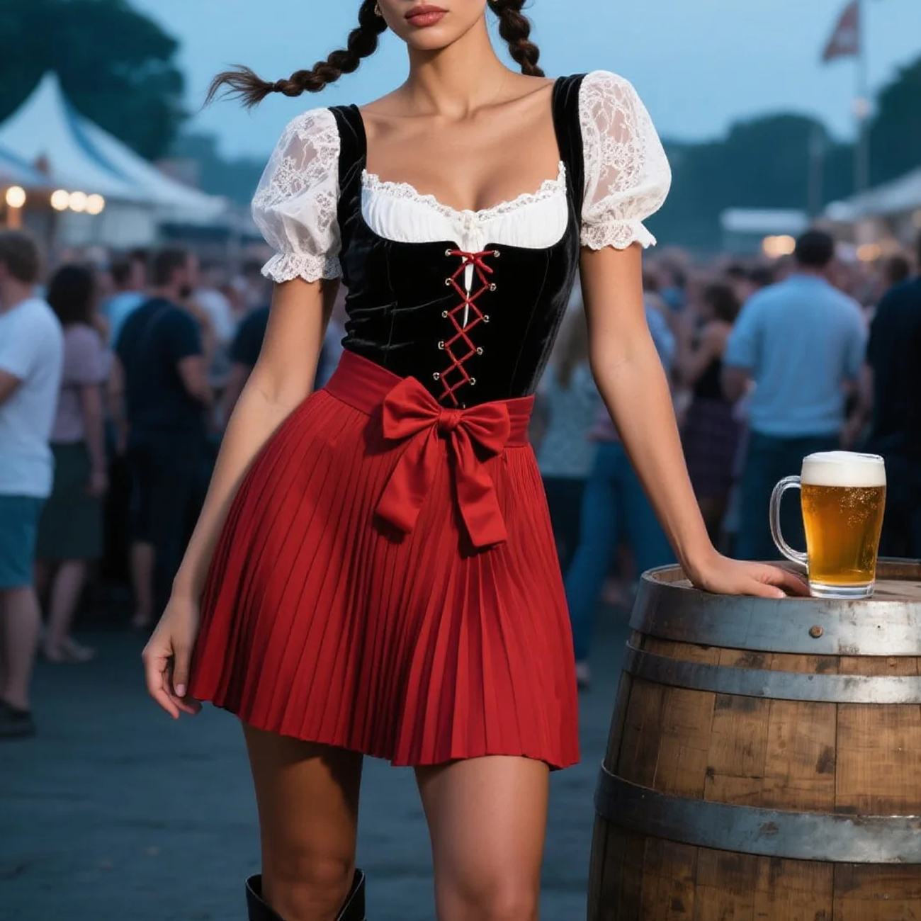Vintage Dress Suit With Lace Inner Wear, Velvet Drawstring Vest, Pleated Skirt Suit, Beer Festival Dress