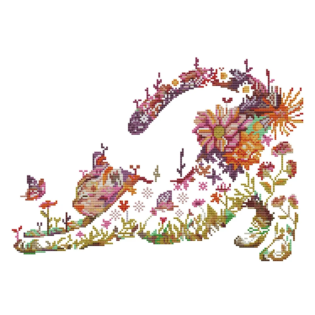 14CT Counted Partial Cross Stitch - Flowers Cat(40*40cm)