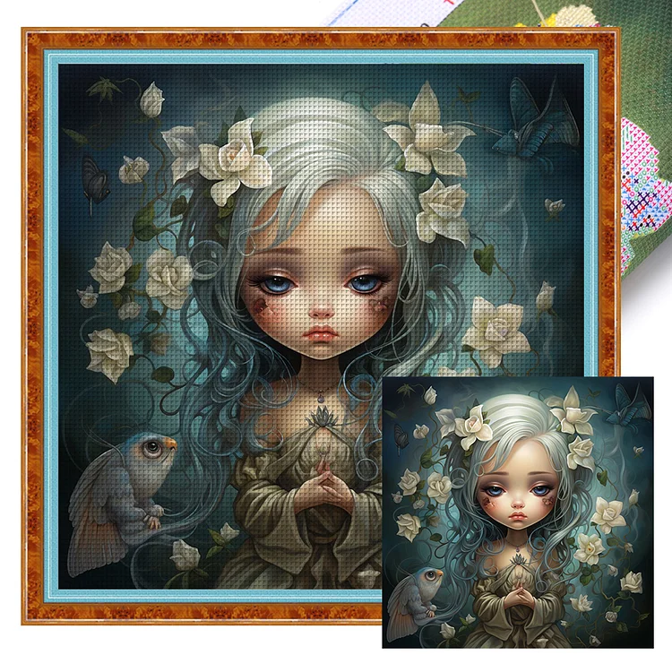 Little Girl With White Flowers And Big Eyes - Printed Cross Stitch 14CT 50*50CM