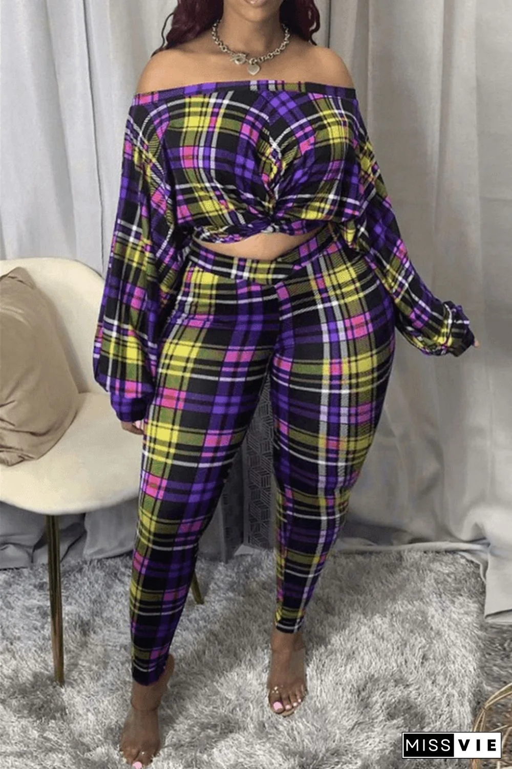 Fashion Casual Off The Shoulder Plaid Print Plus Size Set