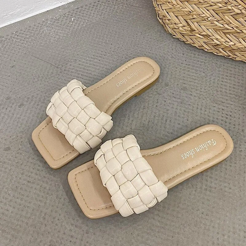 2021 Brand New Women Weave Slippers Women Flat Open Toe Sandals Hot Fashion Design Leisure Shoes Charm Office Women Flip Flop