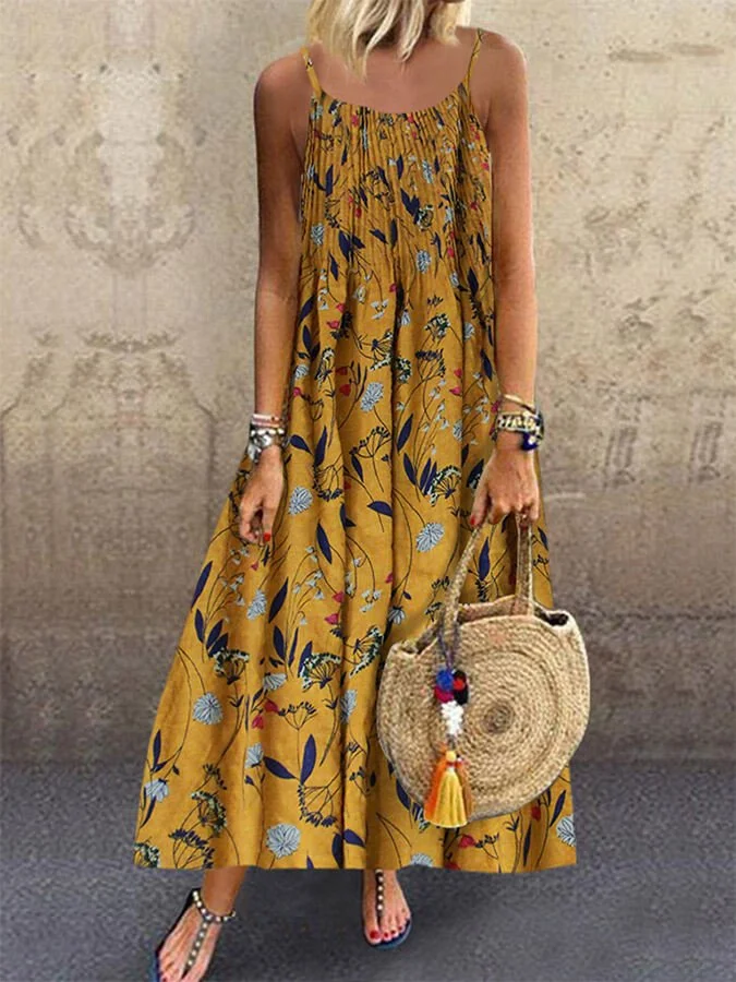 Women's Cotton Linen Print Slip Dress Mid Length Dress
