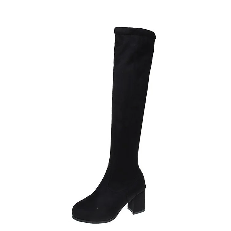 Wongn Wongn / Winter 2023 New Over-Knee Boots Fashion Suede Round Head Thick Heel High Heel Elastic Boots After The Strap Women's Long Boots