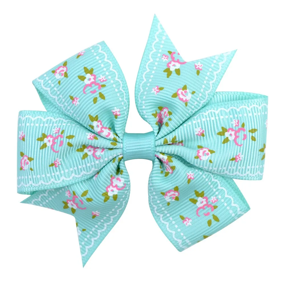 20pcs/lot Printed Flower Hair Bows With Clip For Baby Girls Grosgrain Ribbon Boutique Hair Clip Barrettes Hair Accessories 039