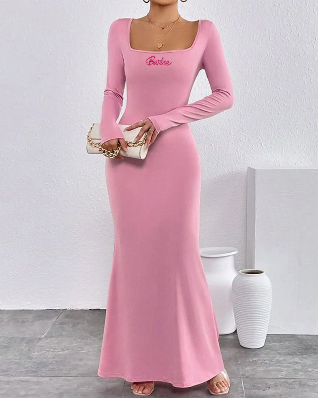 Barbie Girl Long Sleeve Knitted Maxi Dress