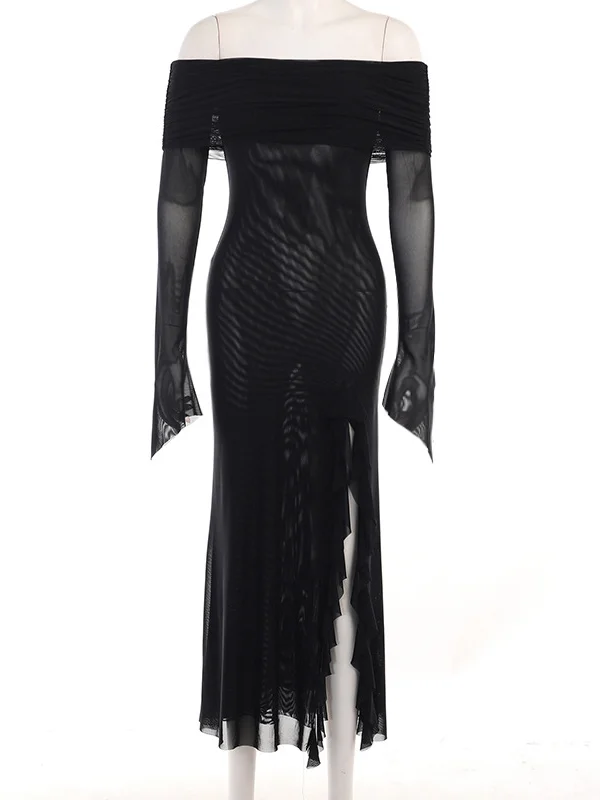 Gothic Dark Boat Neck Bell Sleeve Mesh High-slit Maxi Dress